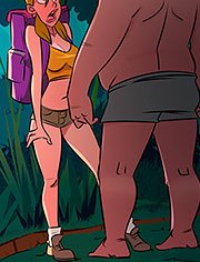 During a hike, Larissa separated from the group to peep and ended up getting lost, This is a Madhouse, In the woods without panties