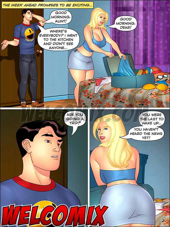 He offers to buy a brand-new bikini for his chubby cousin, Aunt, Cousins and co., A micro bikini