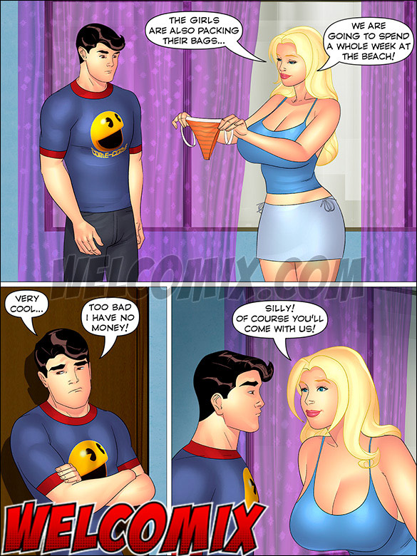 He offers to buy a brand-new bikini for his chubby cousin, Aunt, Cousins and co., A micro bikini